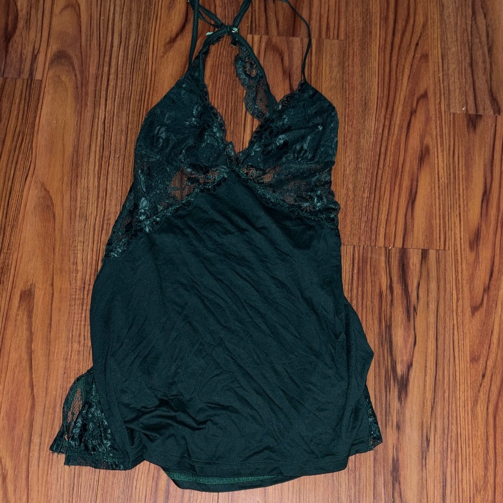 Lace Trim Women's Chemise Nightdress - Dark Green